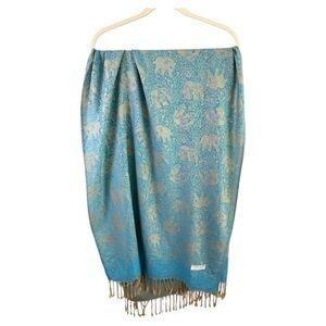 VTG Pashmina Scarf 100% Cashmere Elephant Print Paisley Blue Gold Regal Luxury